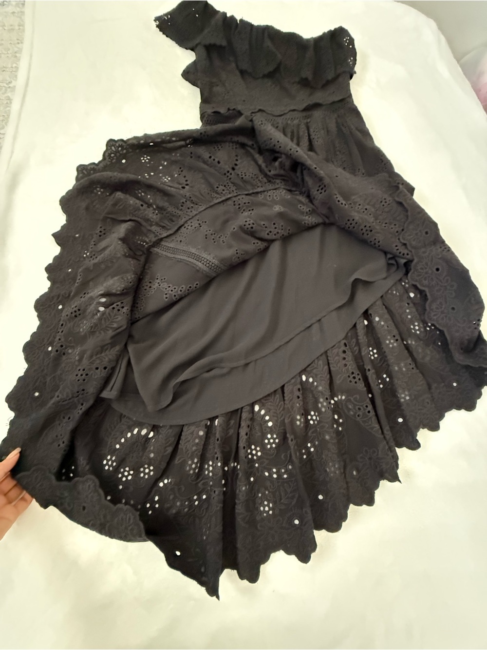 The Kooples Black Eyelet One Shoulder High Low Midi Dress Sz 3 - Picture 11 of 13